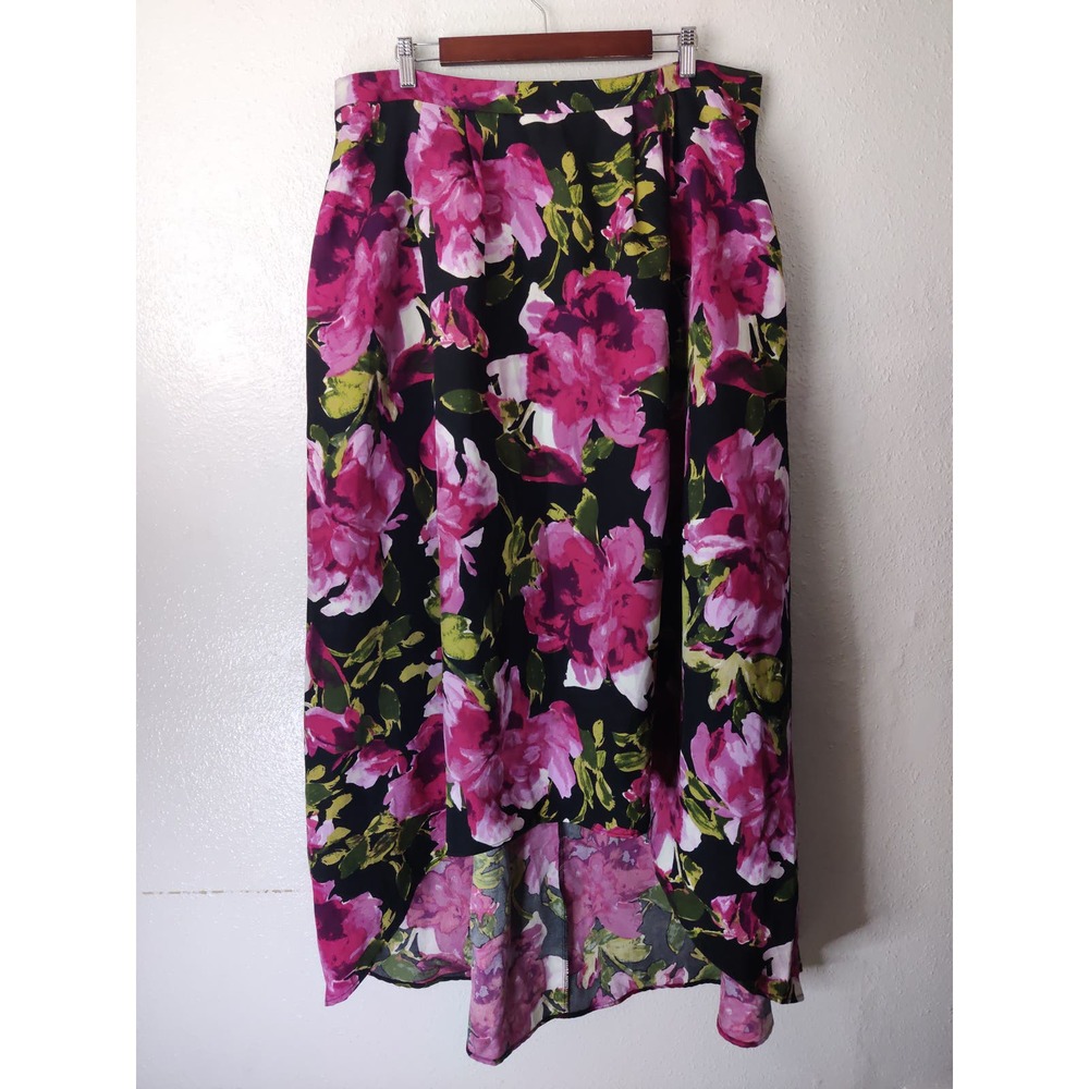 Jodi Kristopher Black Pink Floral Print High-Lo Hem Floor Length Formal Skirt 18